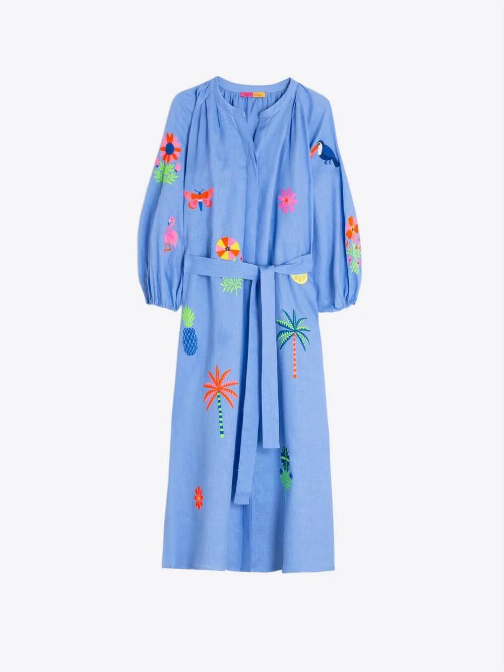 NEW VILAGALLO women's long dress with tropical embroidery in blue